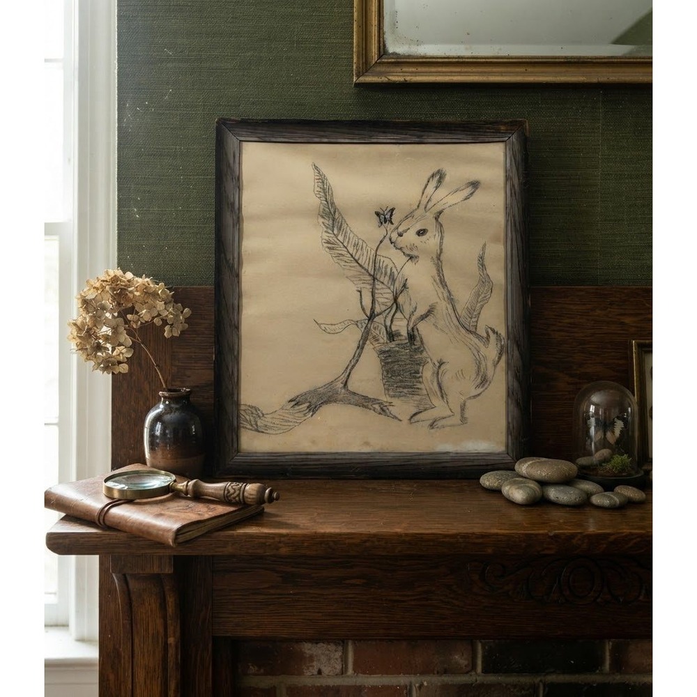 Vintage Rabbit Drawing Print Framed Bunny Butterfly Sketch Cottagecore 15.5x13.5